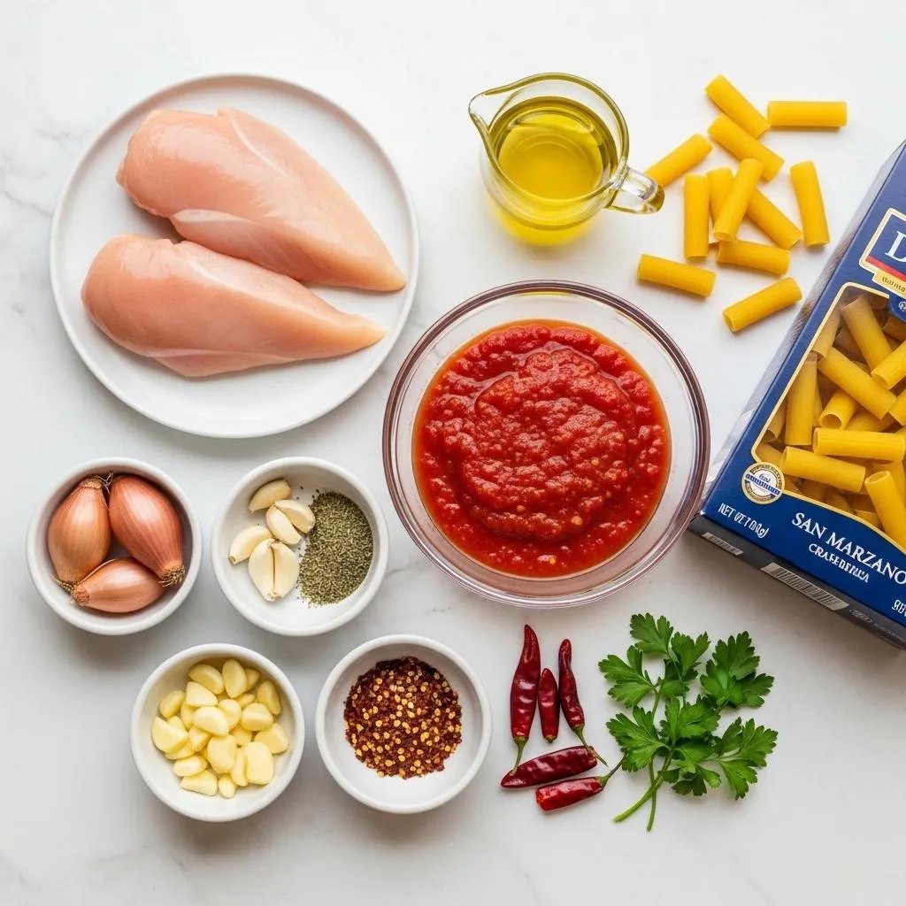 Overhead flat lay of all the ingredients for Chicken Diavolo, including chicken, pasta, tomatoes, and spices, arranged on a white marble surface.
