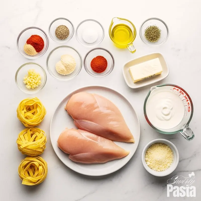 Overhead flat lay of ingredients for Blackened Chicken Alfredo arranged on a white marble countertop.
