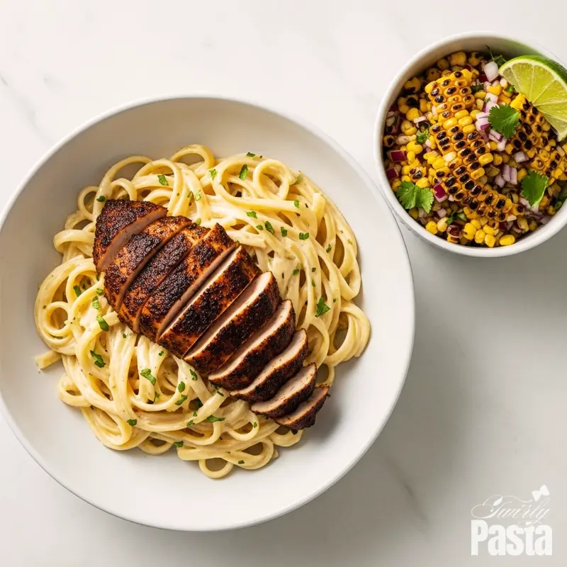 A plated bowl of Blackened Chicken Alfredo next to a side dish of charred corn salad, viewed from directly above.