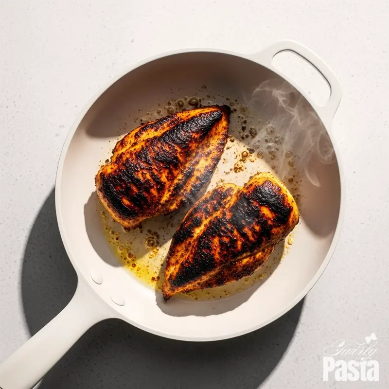 Overhead view of two blackened chicken breasts searing in a white ceramic skillet to achieve a perfect crust.