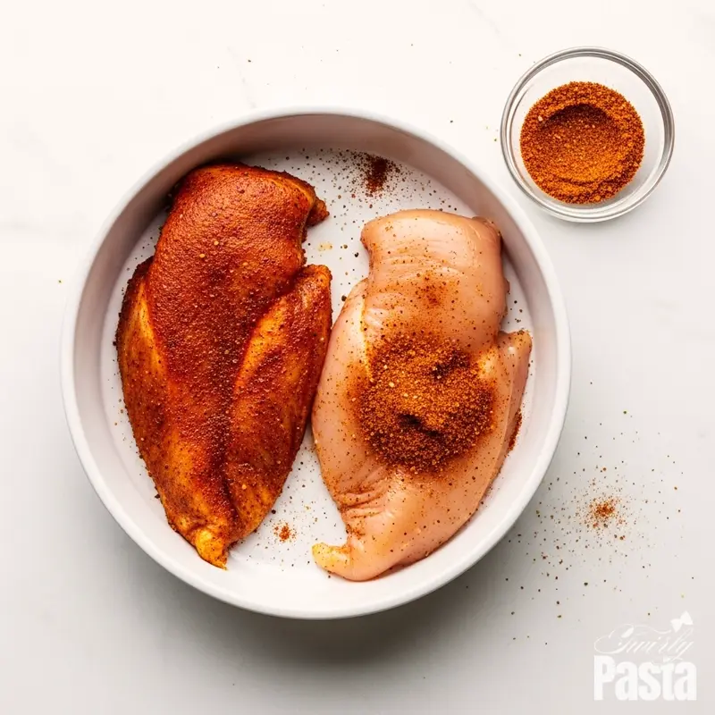 A top-down view of raw chicken breasts being generously seasoned with a red blackening spice rub in a white dish.