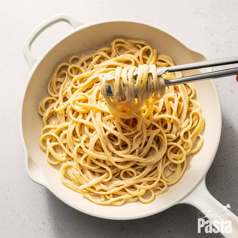 A top-down view of cooked fettuccine being tossed with creamy alfredo sauce in a white skillet using tongs.