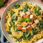 A rustic bowl of creamy spinach artichoke chicken pasta, made with bowtie (farfalle) pasta, seared chicken cubes, wilted spinach, and artichoke hearts, and topped with grated Parmesan and fresh basil.