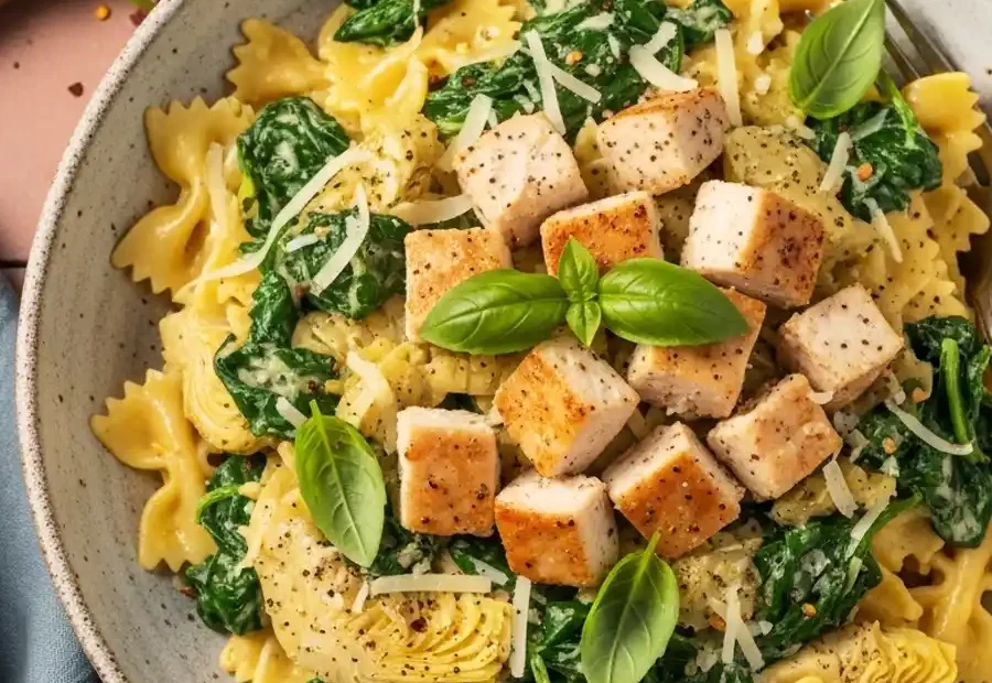 A rustic bowl of creamy spinach artichoke chicken pasta, made with bowtie (farfalle) pasta, seared chicken cubes, wilted spinach, and artichoke hearts, and topped with grated Parmesan and fresh basil.