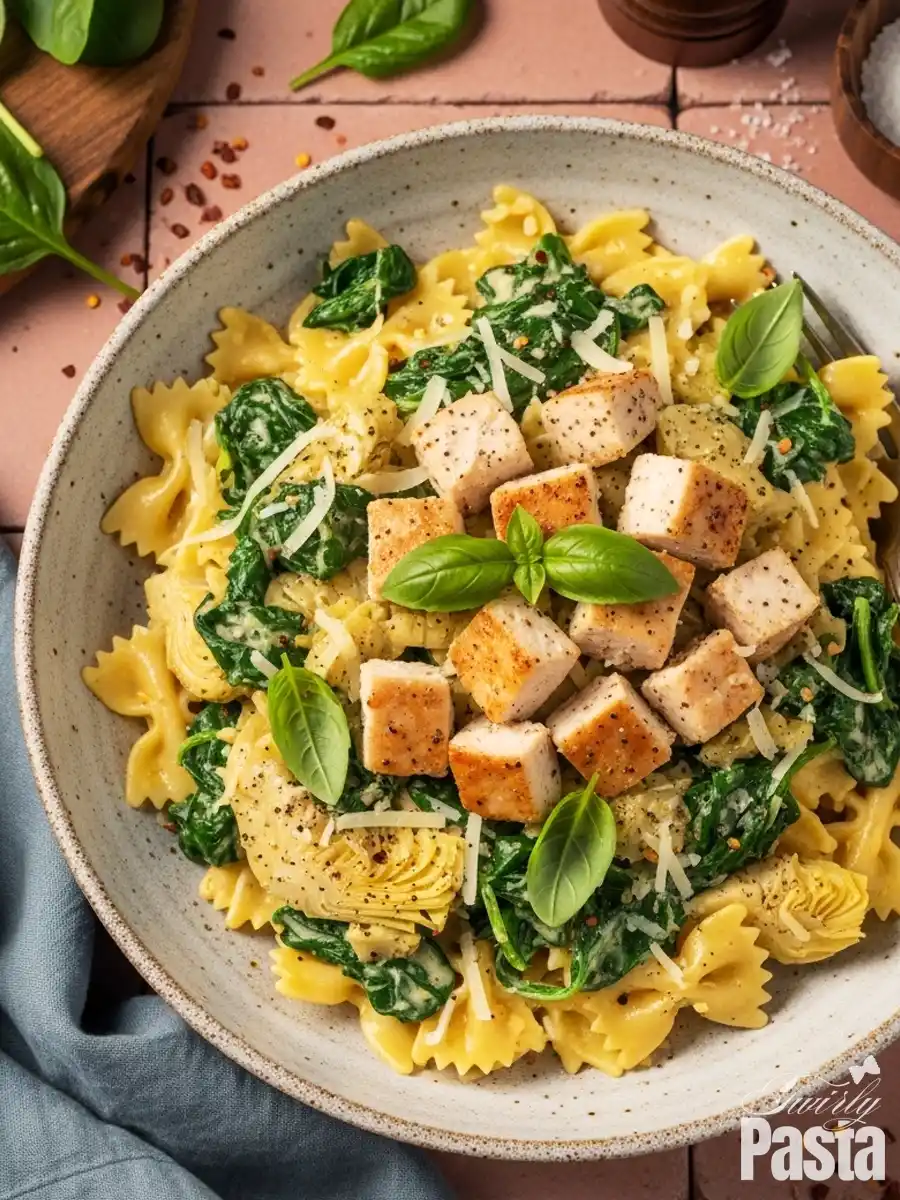 A rustic bowl of creamy spinach artichoke chicken pasta, made with bowtie (farfalle) pasta, seared chicken cubes, wilted spinach, and artichoke hearts, and topped with grated Parmesan and fresh basil.