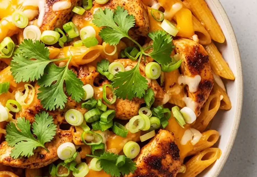 A close-up of a bowl of creamy BBQ chicken pasta with penne, topped with blackened chicken pieces, melted cheddar cheese, fresh cilantro, and sliced green onions.