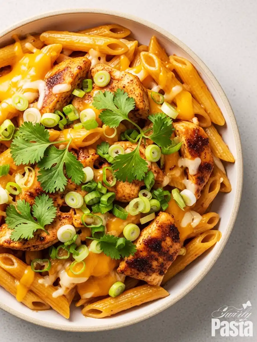 A close-up of a bowl of creamy BBQ chicken pasta with penne, topped with blackened chicken pieces, melted cheddar cheese, fresh cilantro, and sliced green onions.