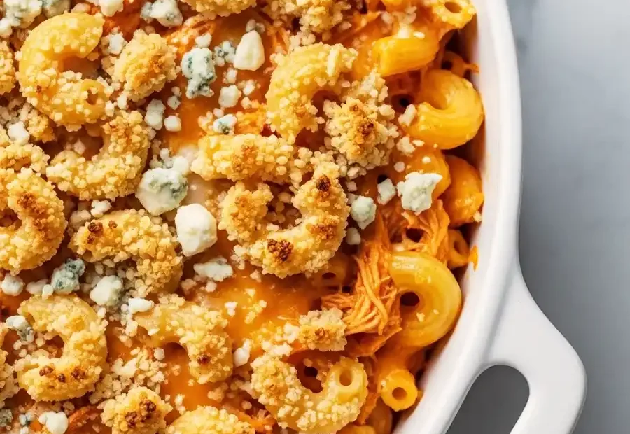 A close-up of a baked buffalo chicken mac and cheese casserole, featuring elbow macaroni and shredded chicken in a creamy cheese sauce, finished with a golden-brown breadcrumb topping and blue cheese crumbles.