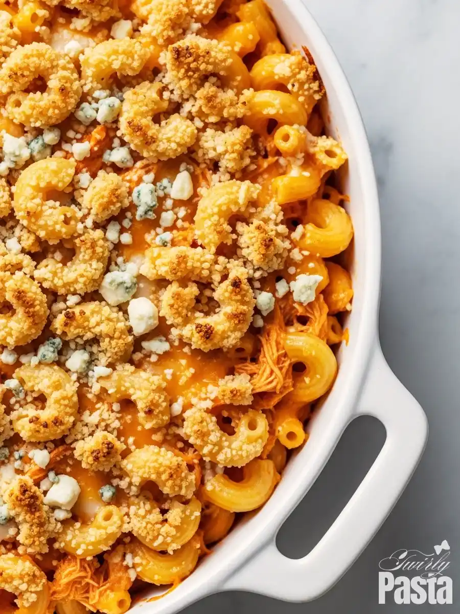 A close-up of a baked buffalo chicken mac and cheese casserole, featuring elbow macaroni and shredded chicken in a creamy cheese sauce, finished with a golden-brown breadcrumb topping and blue cheese crumbles.