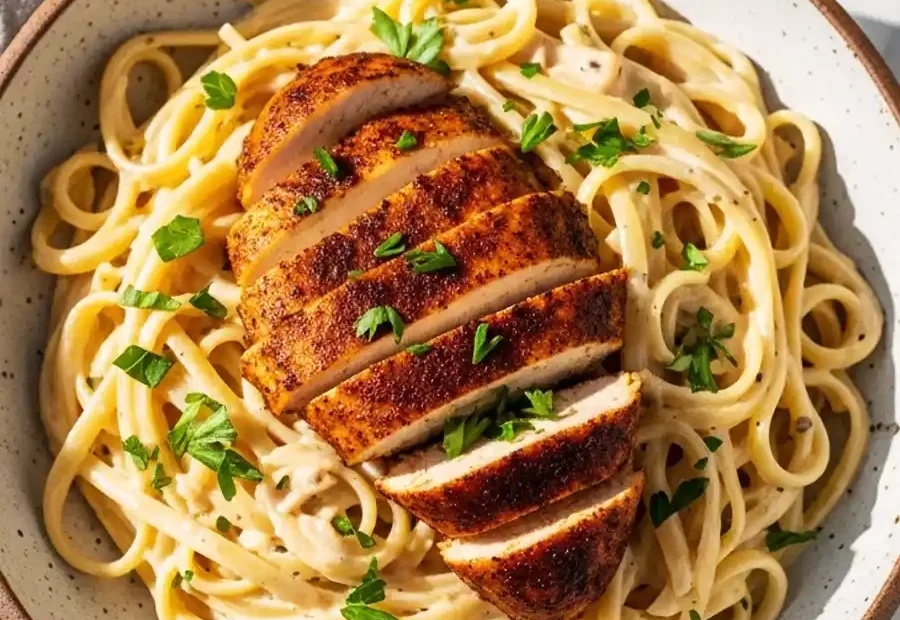 An overhead view of a bowl of homemade chicken Alfredo made from scratch, featuring fettuccine noodles in a creamy Parmesan sauce, topped with a sliced, seasoned chicken breast and fresh parsley.