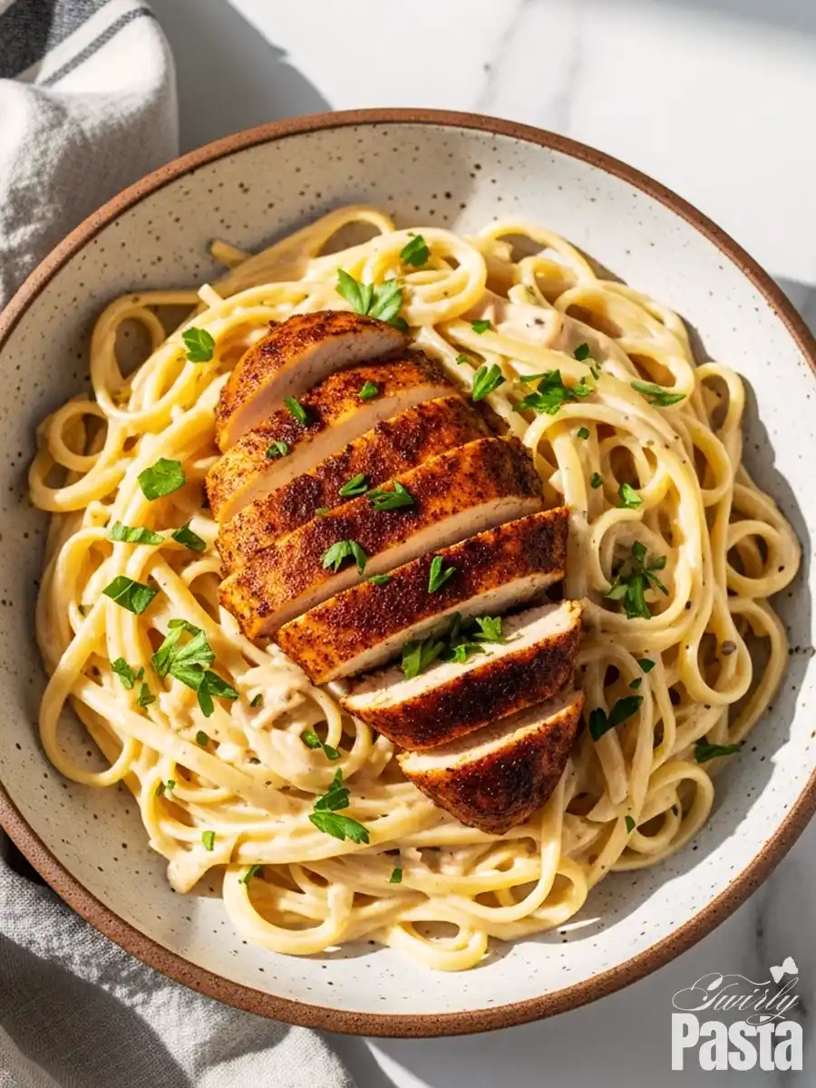 An overhead view of a bowl of homemade chicken Alfredo made from scratch, featuring fettuccine noodles in a creamy Parmesan sauce, topped with a sliced, seasoned chicken breast and fresh parsley.