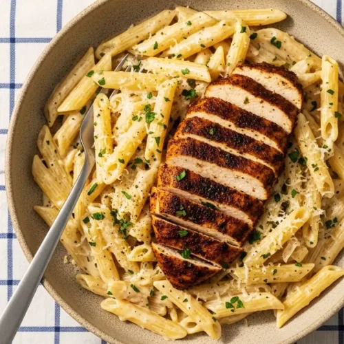 An overhead shot of a bowl of creamy blackened chicken pasta, featuring penne tossed in a garlic Parmesan cream sauce, topped with a sliced spiced chicken breast and fresh parsley.