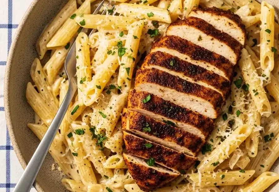 An overhead shot of a bowl of creamy blackened chicken pasta, featuring penne tossed in a garlic Parmesan cream sauce, topped with a sliced spiced chicken breast and fresh parsley.