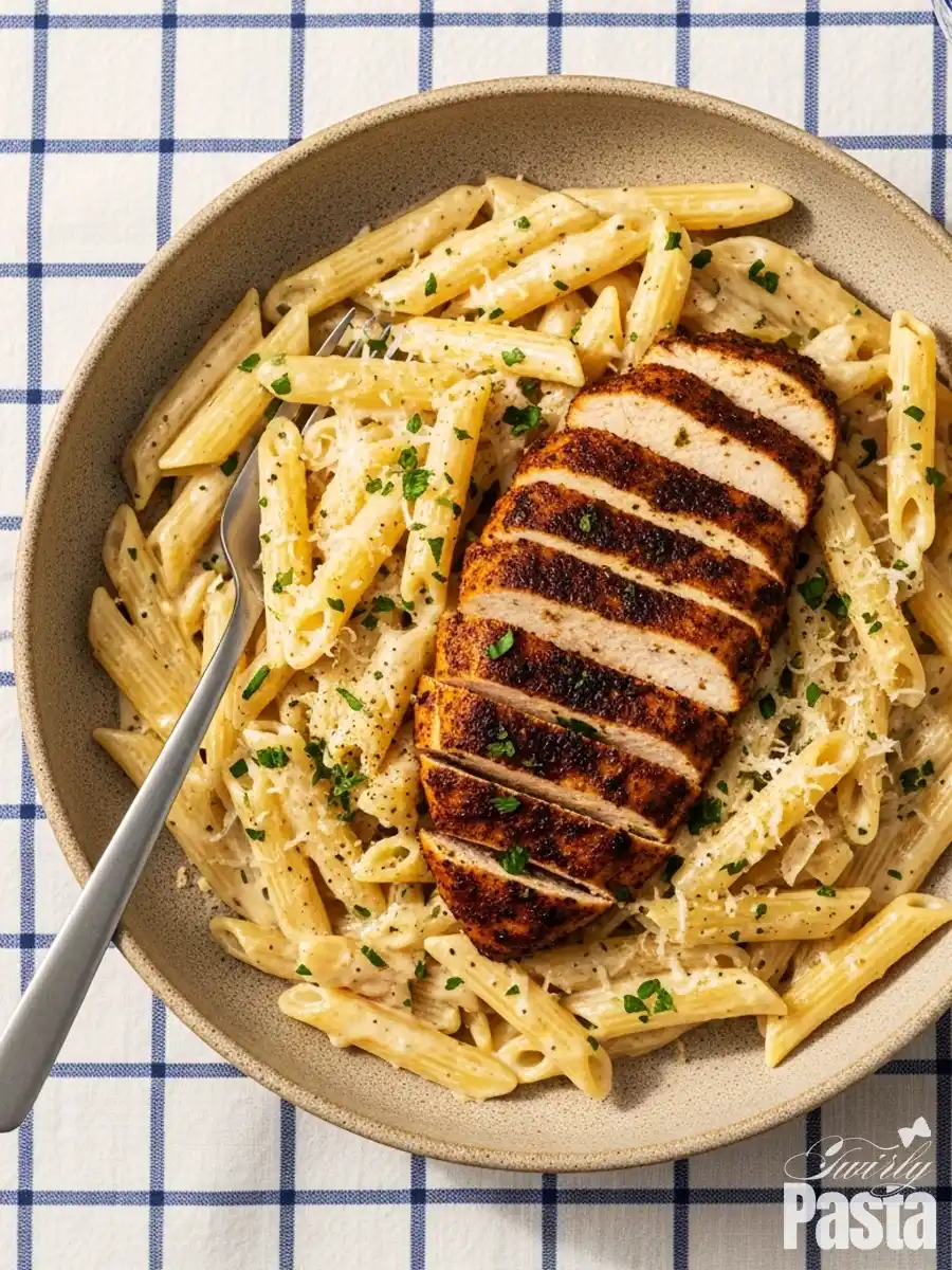 An overhead shot of a bowl of creamy blackened chicken pasta, featuring penne tossed in a garlic Parmesan cream sauce, topped with a sliced spiced chicken breast and fresh parsley.