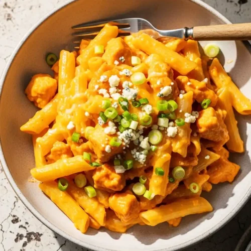 A close-up shot of a rustic bowl filled with creamy buffalo chicken pasta, tossed with penne and tender chicken, then topped with crumbled blue cheese and fresh sliced green onions.