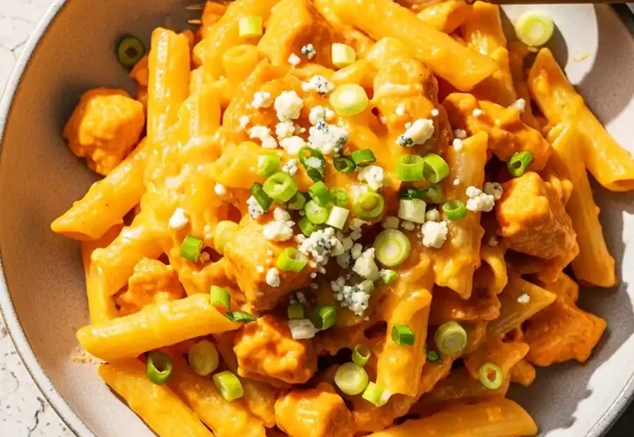 A close-up shot of a rustic bowl filled with creamy buffalo chicken pasta, tossed with penne and tender chicken, then topped with crumbled blue cheese and fresh sliced green onions.
