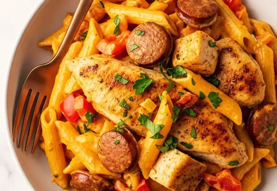 A bowl of creamy Cajun chicken and sausage pasta, featuring penne tossed with seared chicken breast, sliced andouille sausage, and bell peppers in a spicy cream sauce, garnished with parsley.