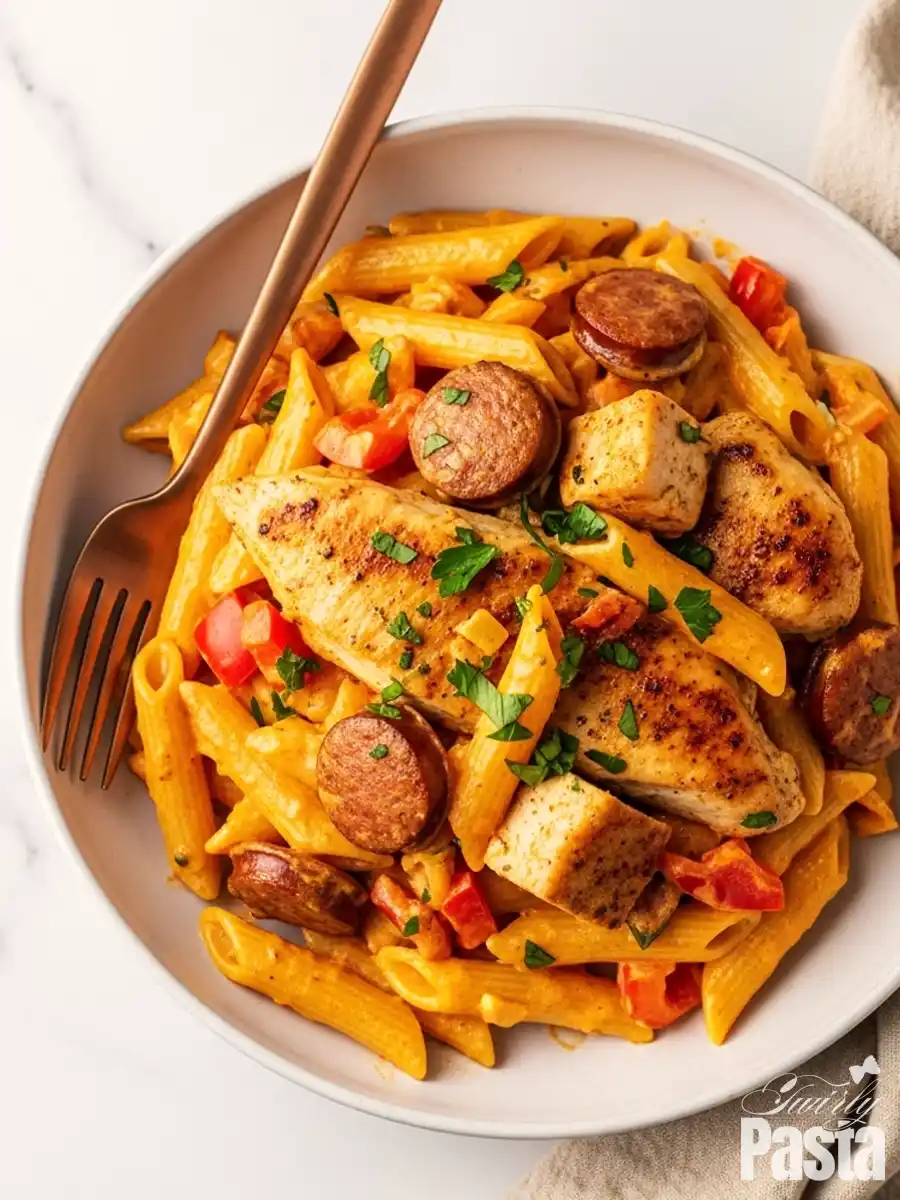 A bowl of creamy Cajun chicken and sausage pasta, featuring penne tossed with seared chicken breast, sliced andouille sausage, and bell peppers in a spicy cream sauce, garnished with parsley.