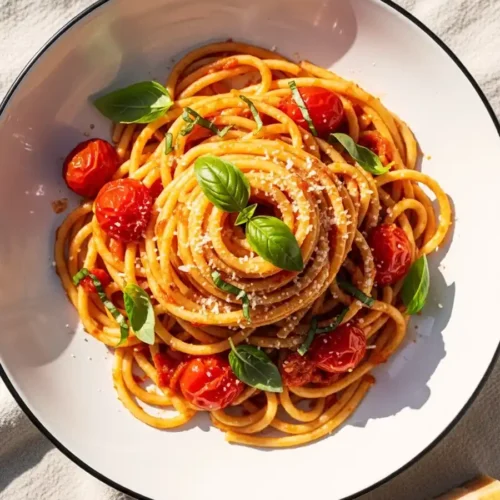An overhead shot of authentic Calabrian chili pasta, featuring bucatini noodles swirled in a spicy tomato sauce with blistered cherry tomatoes, fresh basil, and grated Pecorino cheese.