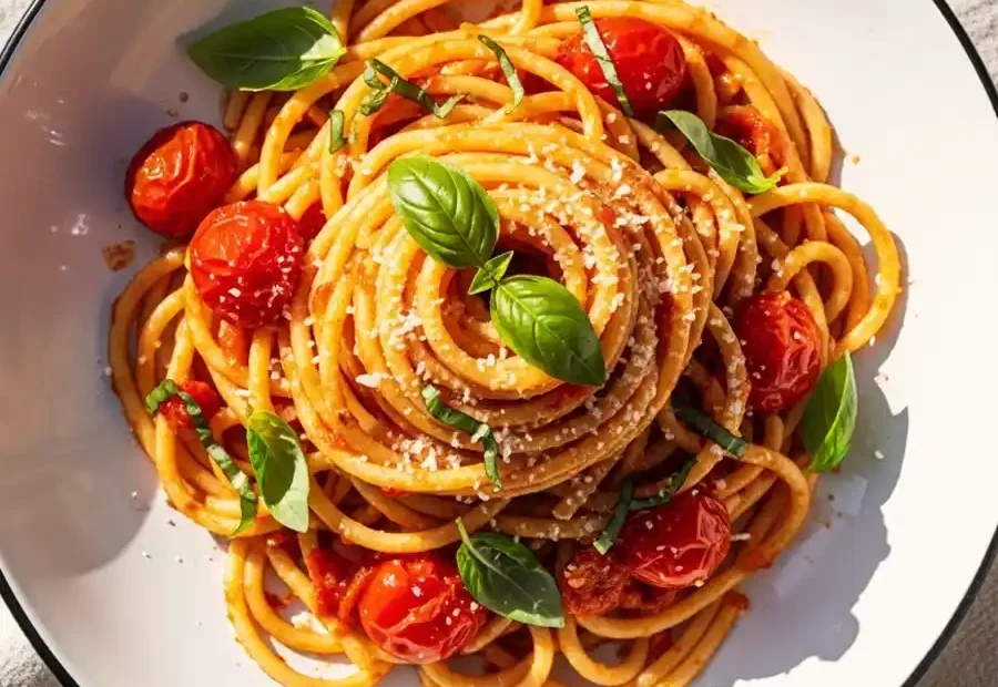 An overhead shot of authentic Calabrian chili pasta, featuring bucatini noodles swirled in a spicy tomato sauce with blistered cherry tomatoes, fresh basil, and grated Pecorino cheese.