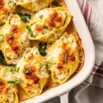 A white baking dish filled with baked chicken alfredo stuffed shells, featuring jumbo pasta shells packed with a creamy chicken and cheese filling, topped with a golden-brown, bubbly layer of melted mozzarella.