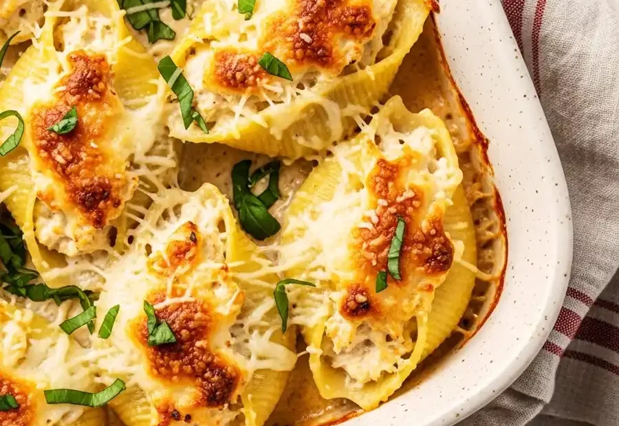 A white baking dish filled with baked chicken alfredo stuffed shells, featuring jumbo pasta shells packed with a creamy chicken and cheese filling, topped with a golden-brown, bubbly layer of melted mozzarella.