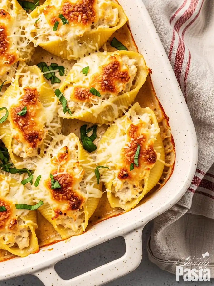 A white baking dish filled with baked chicken alfredo stuffed shells, featuring jumbo pasta shells packed with a creamy chicken and cheese filling, topped with a golden-brown, bubbly layer of melted mozzarella.