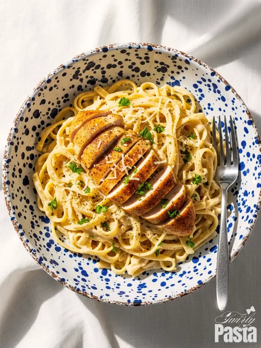 An overhead view of a bowl of creamy chicken Fettuccine Alfredo, featuring long pasta noodles tossed in a rich Parmesan cream sauce, topped with sliced seasoned chicken and fresh parsley.