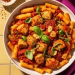 A bowl of spicy Chicken Arrabbiata, featuring rigatoni pasta with seasoned chicken in a chunky tomato-chili sauce, topped with sliced fresh garlic and basil leaves.