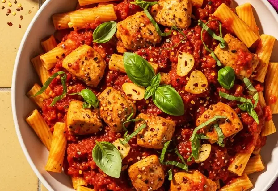 A bowl of spicy Chicken Arrabbiata, featuring rigatoni pasta with seasoned chicken in a chunky tomato-chili sauce, topped with sliced fresh garlic and basil leaves.
