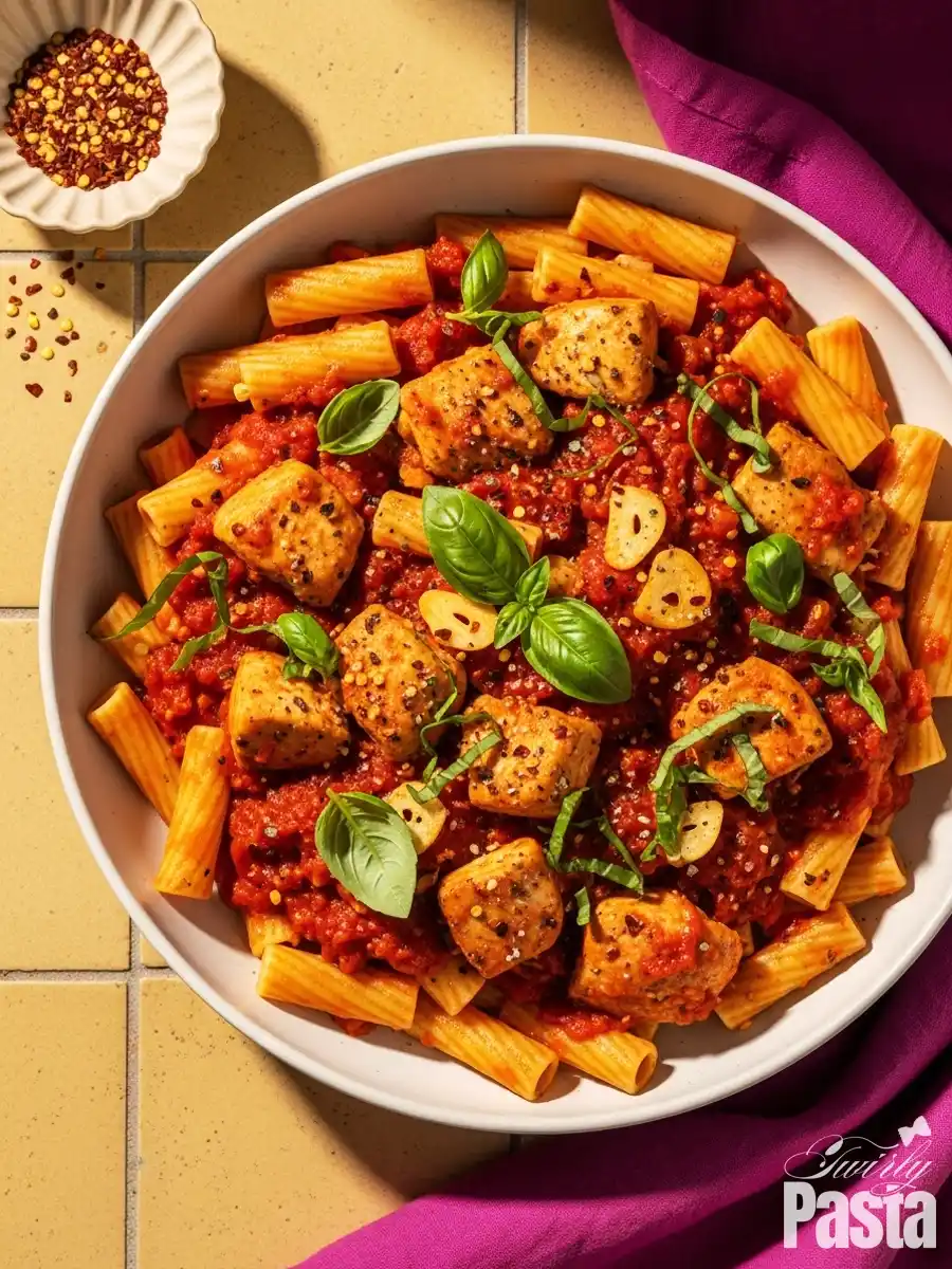 A bowl of spicy Chicken Arrabbiata, featuring rigatoni pasta with seasoned chicken in a chunky tomato-chili sauce, topped with sliced fresh garlic and basil leaves.