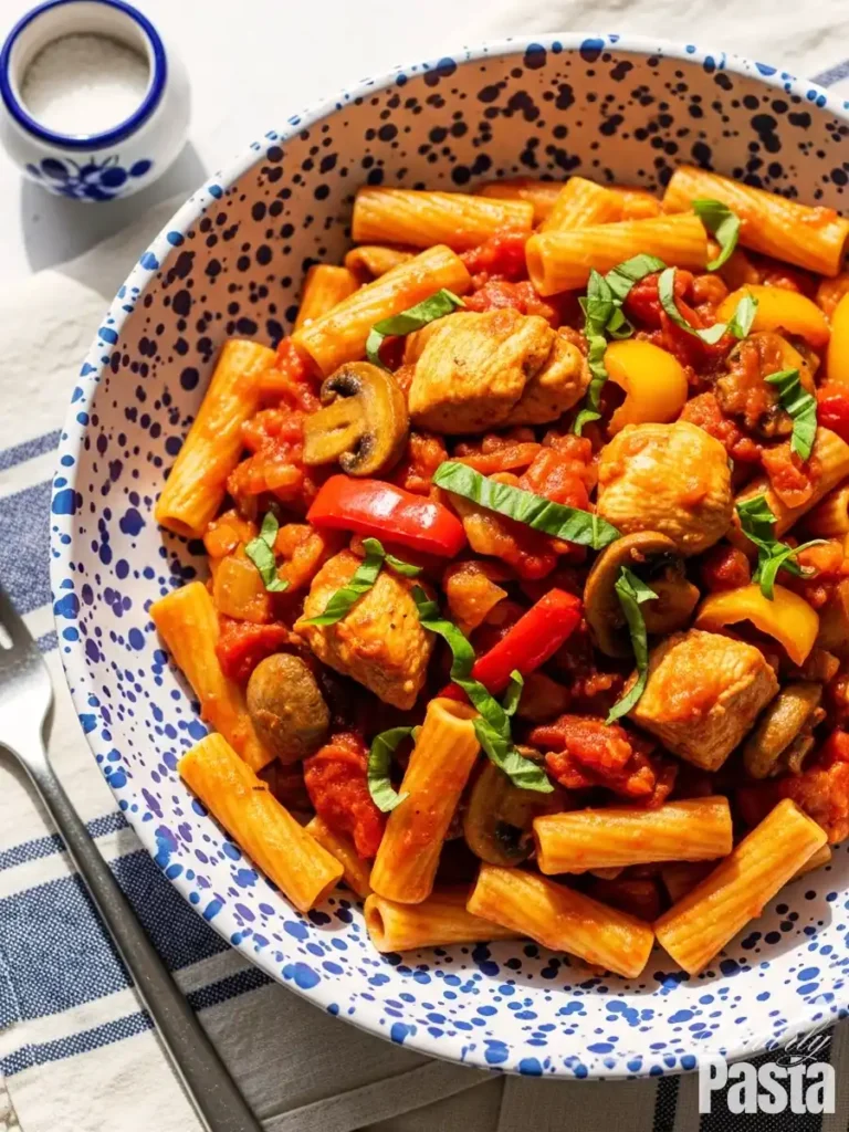 A rustic blue-speckled bowl of Chicken Cacciatore pasta, featuring rigatoni tossed with sautéed chicken, mushrooms, and bell peppers in a chunky, hunter-style tomato sauce, garnished with fresh basil.