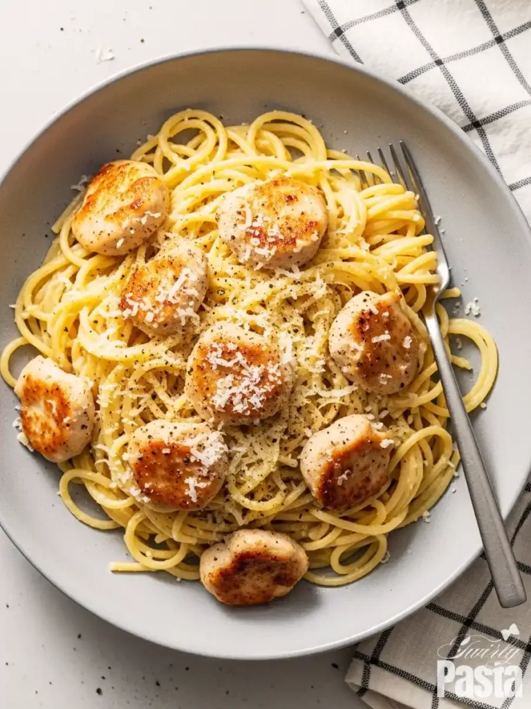 An overhead shot of a bowl of chicken carbonara, featuring spaghetti tossed in a creamy egg and Parmesan sauce, topped with pan-seared chicken medallions and black pepper.