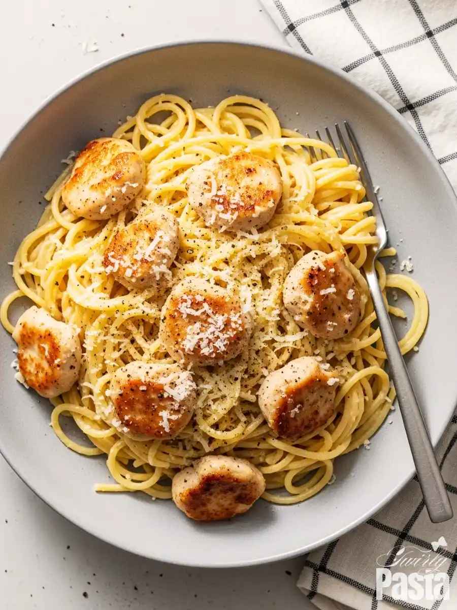 An overhead shot of a bowl of chicken carbonara, featuring spaghetti tossed in a creamy egg and Parmesan sauce, topped with pan-seared chicken medallions and black pepper.