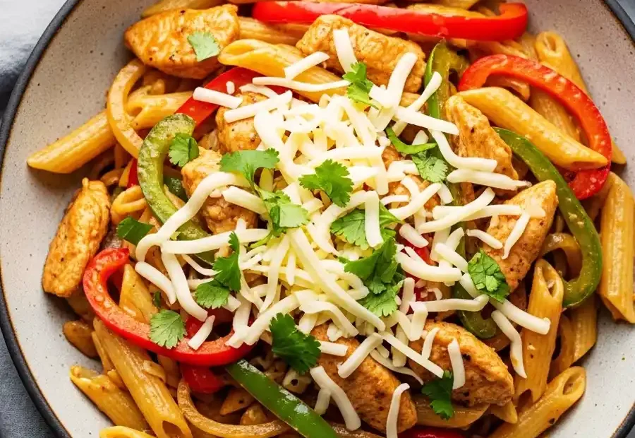 A bowl of creamy chicken fajita pasta, featuring penne tossed with seasoned chicken strips and sautéed red and green bell peppers in a zesty chili-lime sauce, topped with shredded Monterey Jack cheese and fresh cilantro.
