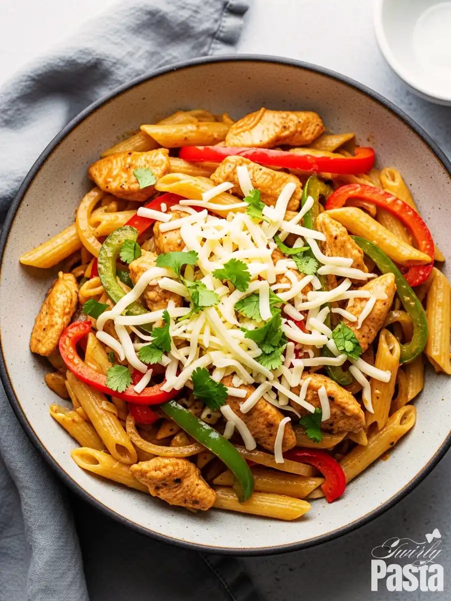 A bowl of creamy chicken fajita pasta, featuring penne tossed with seasoned chicken strips and sautéed red and green bell peppers in a zesty chili-lime sauce, topped with shredded Monterey Jack cheese and fresh cilantro.