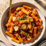 An overhead shot of a bowl of spicy Chicken Fra Diavolo pasta, featuring rigatoni tossed with seared chicken in a fiery tomato-chili sauce, topped with toasted sliced garlic and fresh parsley.