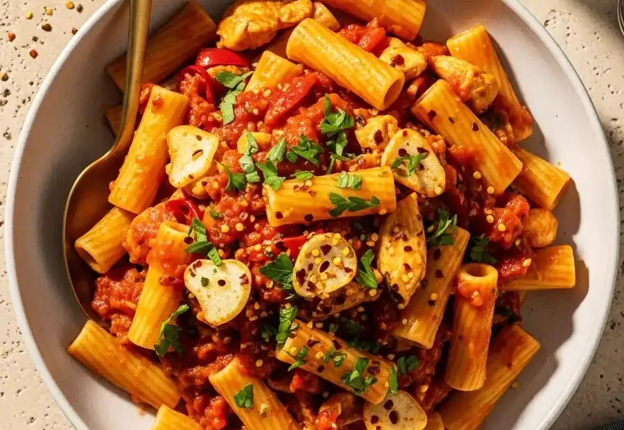 An overhead shot of a bowl of spicy Chicken Fra Diavolo pasta, featuring rigatoni tossed with seared chicken in a fiery tomato-chili sauce, topped with toasted sliced garlic and fresh parsley.