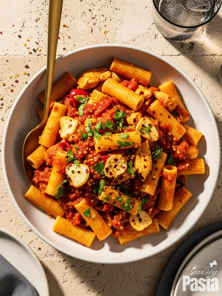 An overhead shot of a bowl of spicy Chicken Fra Diavolo pasta, featuring rigatoni tossed with seared chicken in a fiery tomato-chili sauce, topped with toasted sliced garlic and fresh parsley.