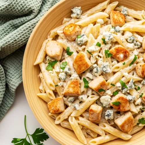 A wooden bowl of creamy chicken Gorgonzola pasta, featuring penne and pan-seared chicken tossed in a tangy blue cheese sauce and topped with fresh gorgonzola crumbles and parsley.