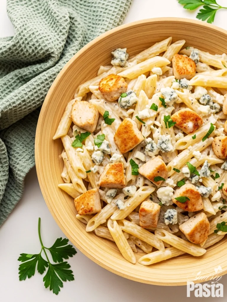 A wooden bowl of creamy chicken Gorgonzola pasta, featuring penne and pan-seared chicken tossed in a tangy blue cheese sauce and topped with fresh gorgonzola crumbles and parsley.