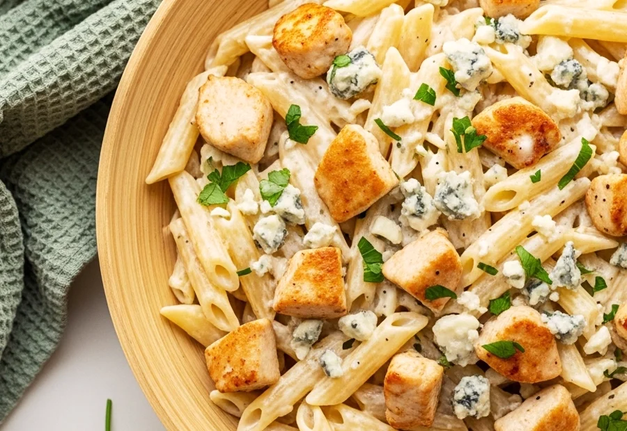 A wooden bowl of creamy chicken Gorgonzola pasta, featuring penne and pan-seared chicken tossed in a tangy blue cheese sauce and topped with fresh gorgonzola crumbles and parsley.