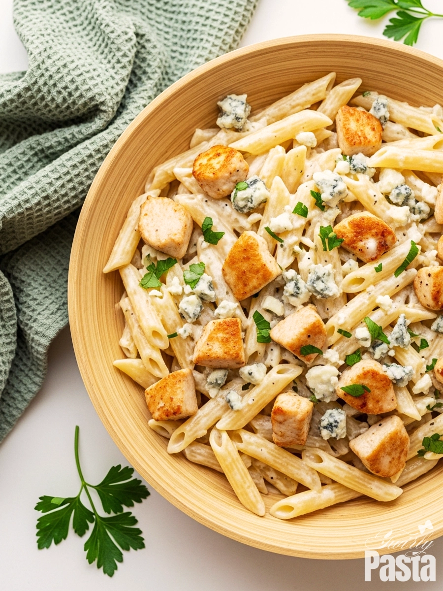 A wooden bowl of creamy chicken Gorgonzola pasta, featuring penne and pan-seared chicken tossed in a tangy blue cheese sauce and topped with fresh gorgonzola crumbles and parsley.