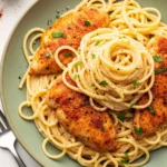 A green plate of creamy chicken gorgonzola pasta, featuring spaghetti in a rich blue cheese cream sauce, topped with paprika-seasoned pan-seared chicken and fresh parsley.