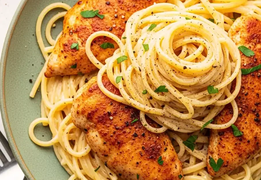 A green plate of creamy chicken gorgonzola pasta, featuring spaghetti in a rich blue cheese cream sauce, topped with paprika-seasoned pan-seared chicken and fresh parsley.