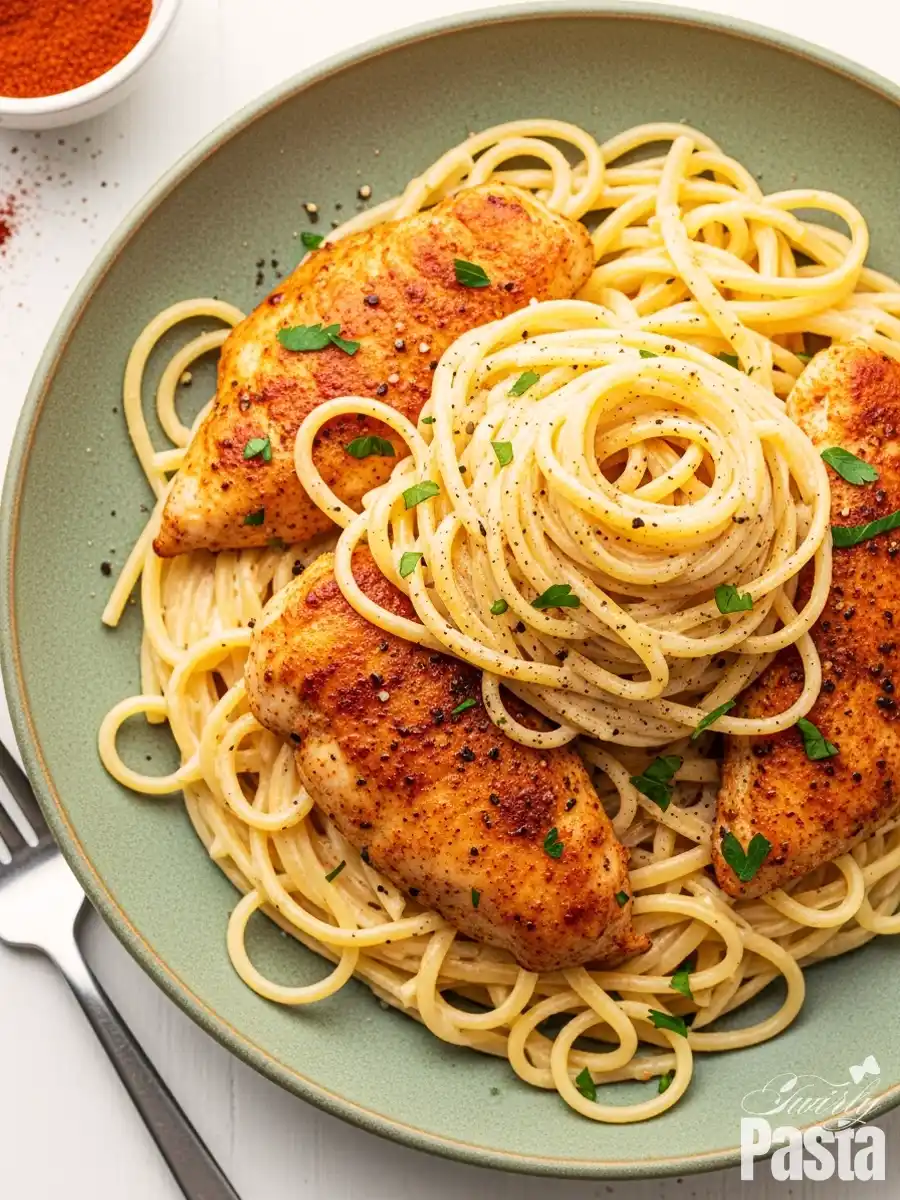 A green plate of creamy chicken gorgonzola pasta, featuring spaghetti in a rich blue cheese cream sauce, topped with paprika-seasoned pan-seared chicken and fresh parsley.