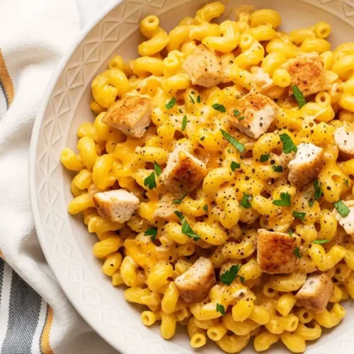 An overhead view of a large white bowl filled with creamy homemade chicken mac and cheese, featuring elbow macaroni in a rich cheddar sauce, topped with diced seared chicken, and garnished with black pepper and parsley.
