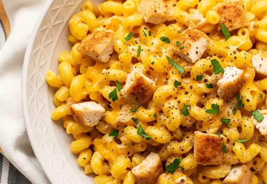 An overhead view of a large white bowl filled with creamy homemade chicken mac and cheese, featuring elbow macaroni in a rich cheddar sauce, topped with diced seared chicken, and garnished with black pepper and parsley.