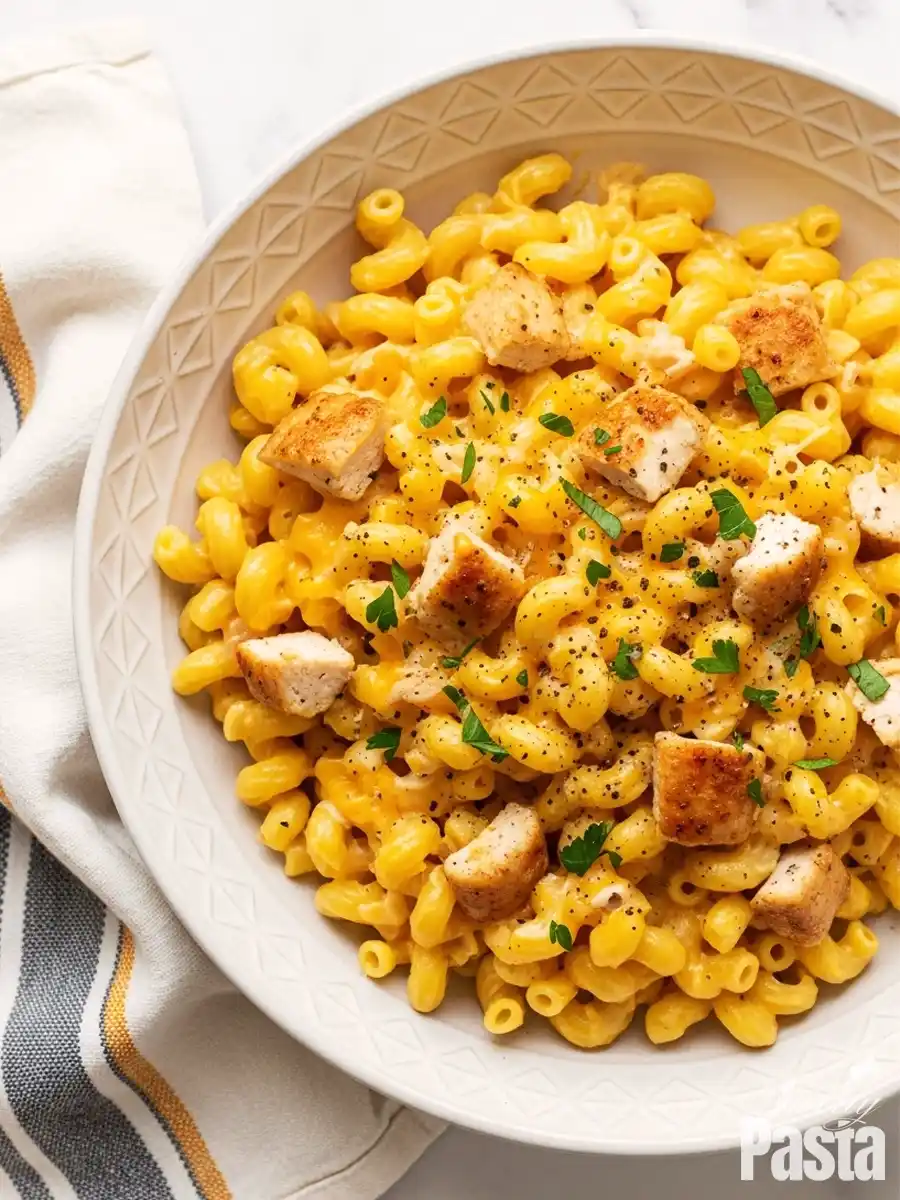 An overhead view of a large white bowl filled with creamy homemade chicken mac and cheese, featuring elbow macaroni in a rich cheddar sauce, topped with diced seared chicken, and garnished with black pepper and parsley.