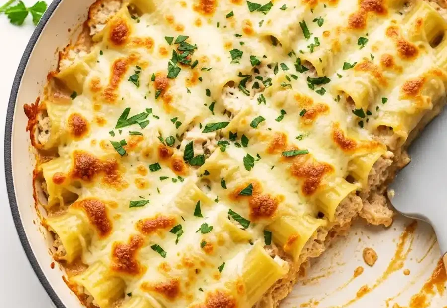 A white skillet with baked chicken manicotti, featuring pasta tubes stuffed with a creamy chicken and ricotta filling, covered in a golden-brown bubbly layer of melted mozzarella cheese.